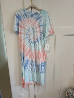 Electric & Rose Tie-Dye Spiral T-Shirt Dress - Coral, Sky Blue & Mint